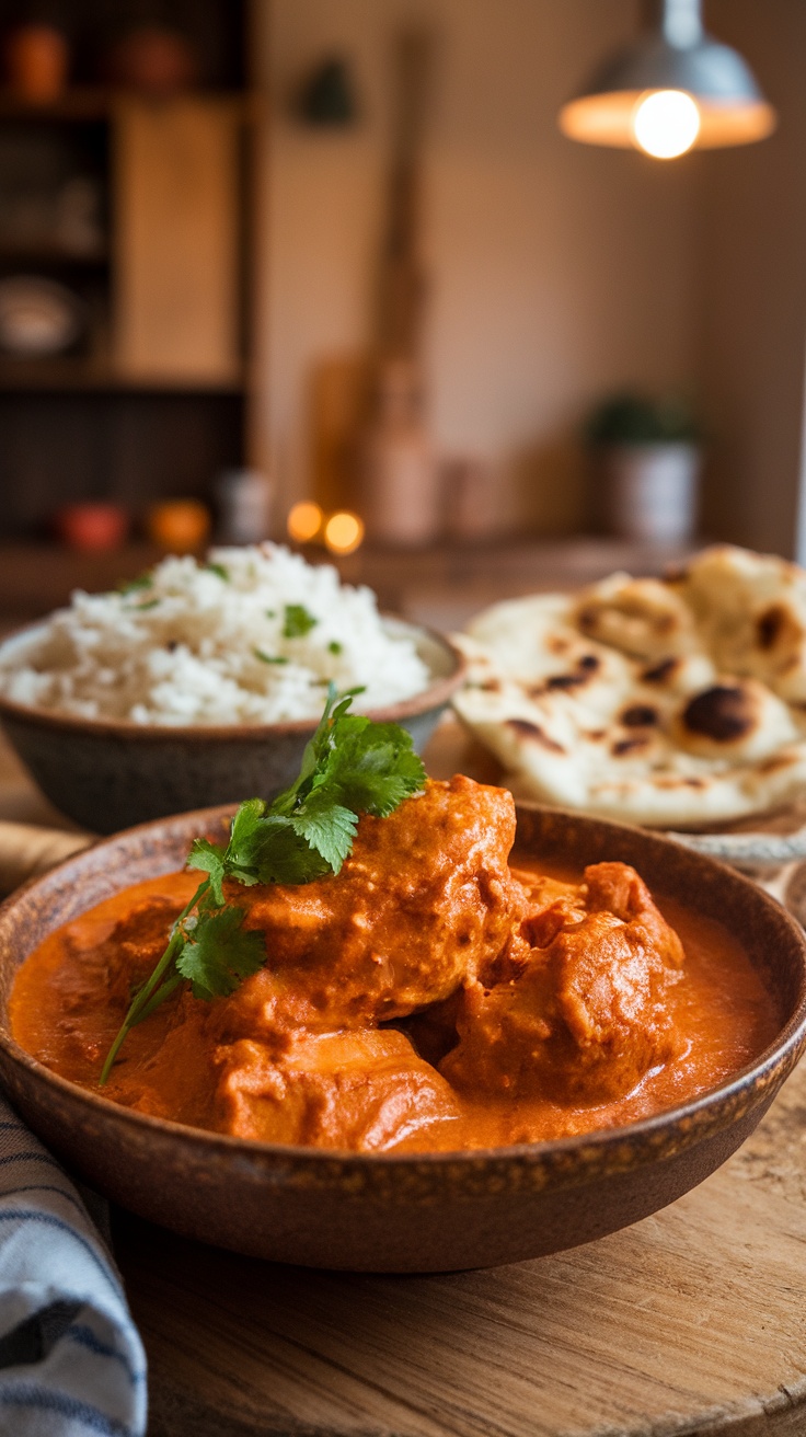 Butter chicken in creamy sauce with cilantro, served with rice and naan.